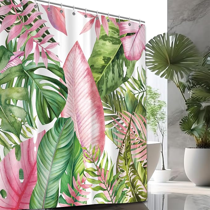 Botanical Shower Curtain Tropical Green Pink Leaves Watercolor Bathroom Curtain with Hooks, Waterproof Fabric 72 x 72 Inch