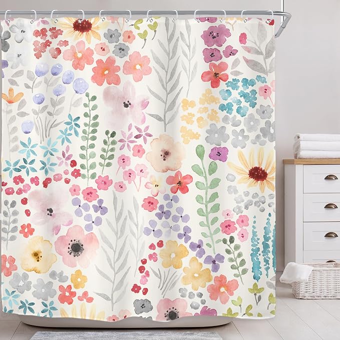 Extra Long Boho Wildflower Watercolor Plant Art Bathroom Shower Curtain Set | 72"W x 84"H Leaves Botanical; waterproof HD print, quick-dry fabric with 12 hooks for easy hanging.
