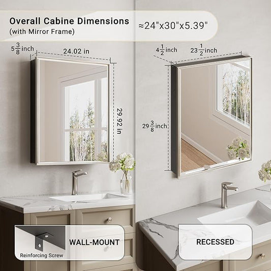 Pre-Assembled Surface or Recessed Medicine Cabinet Mirror-24x30 Brushed Nickel Bathroom Medicine Cabinet with Mirror & Rustproof Aluminum Frame, Beveled Bathroom Vanity Mirror with Storage