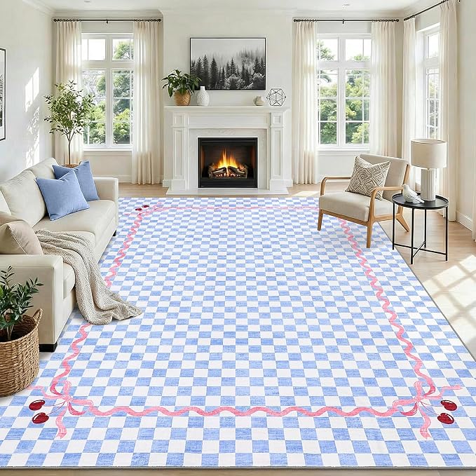 Garvee Washable Baby Blue 10x13 Area Rug for Living Room Checkered Cherry | Coquette Large Non Slip Soft Bedroom Rugs Large Low Pile Stain Resistant Carpet for Nursery Dining Room Classroom