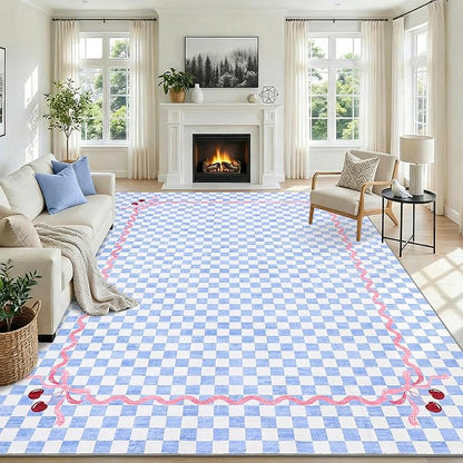 Garvee Washable Baby Blue 10x13 Area Rug for Living Room Checkered Cherry | Coquette Large Non Slip Soft Bedroom Rugs Large Low Pile Stain Resistant Carpet for Nursery Dining Room Classroom