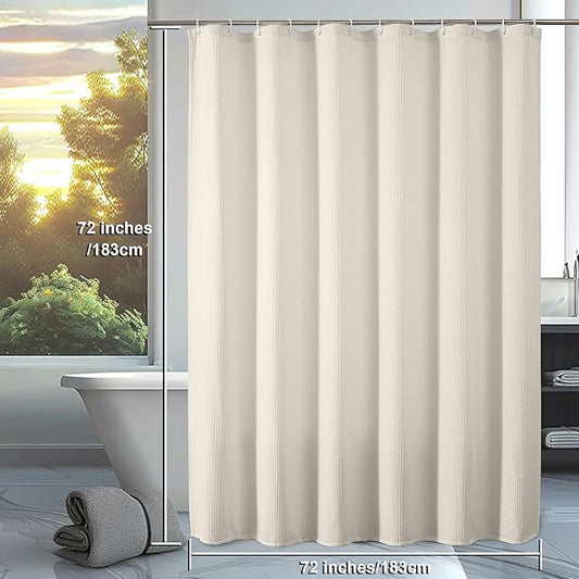 OVZME Extra Long Shower Curtain Set - 84 Inch Long Waffle Weave Heavy Duty Cloth Shower Curtain for Bathroom, Luxury Weighted 230GSM Bath Curtain Set with 12 Plastic Hooks, 72x84, Cream