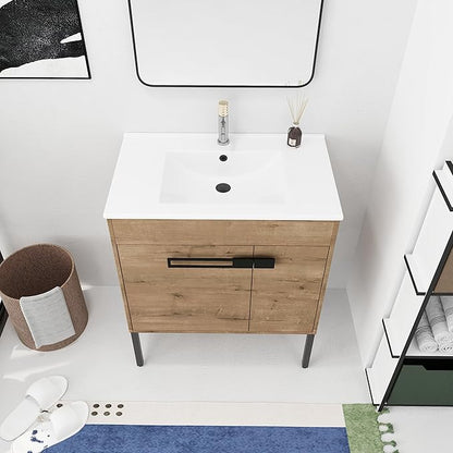 30'' Freestanding Bathroom Vanity, 30 Inch Floor Stand Bathroom Vanity with Sink, Single Ceramic Sink Cabinet Set, Modern Storage Cabinet, with Soft Closing Doors, Metal Handles, 00330IMO
