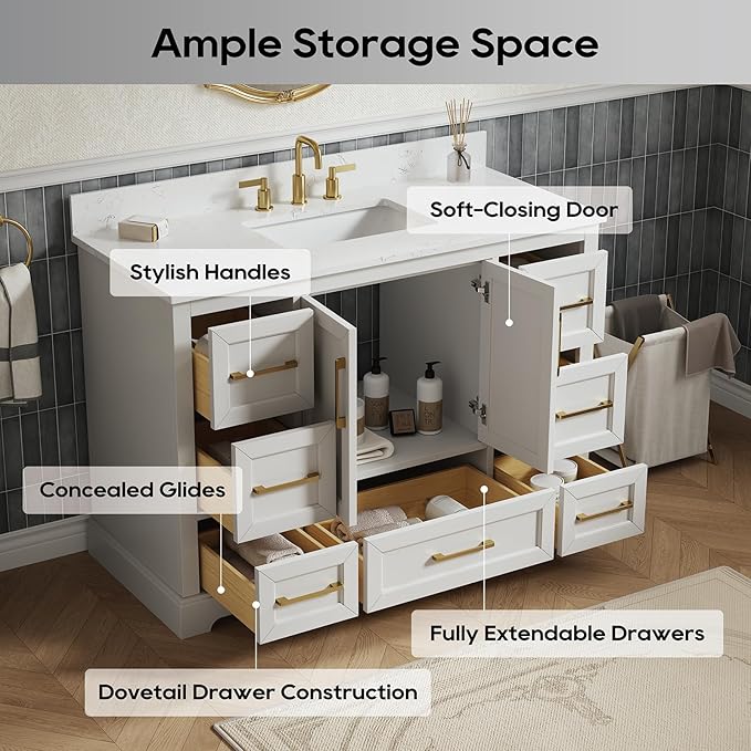 48" Bathroom Vanity with Sink,Undermount Ceramic Sink Vanity, Storage Cabinet with Sink,Drawers& No Installation Required, Small Wooden Bathroom Sink Cabinet, Greige White