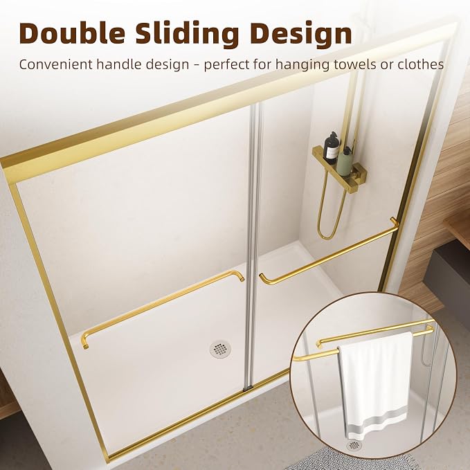 Royal Guard Double Sliding Shower Door,44-48" W x 70" H，Brush Gold | Shower Doors with 6mm Clear SGCC Tempered Glass,Bypass Shower Enclosure,Nano Coating Easy Clean&Waterproof&Adjustable Width