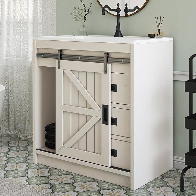 31" Farmhouse Sliding Barn Door Bathroom Vanity with Sink Combo, Bathroom Vanity Cabinet with Drawers & Metal Handles, Freestanding, Distressed White