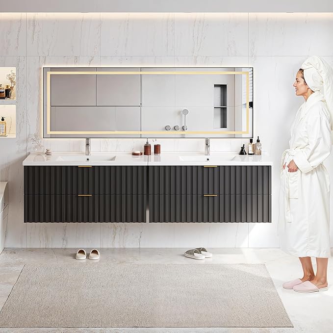 ONBRILL 36 Inch Bathroom Vanity with Sink Combo, Floating Bathroom Vanity with 2 Fluted Drawers & Metal Handle, Modern Wall Mount Storage Cabinet with Ceramic Integrated Sink for Small Space (Black)