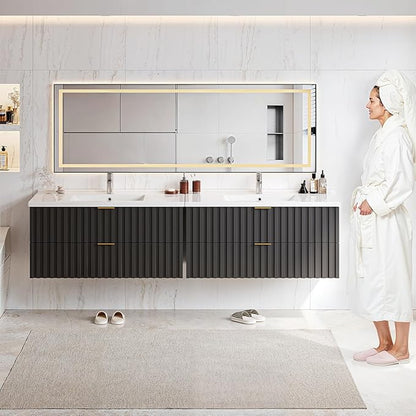 ONBRILL 36 Inch Bathroom Vanity with Sink Combo, Floating Bathroom Vanity with 2 Fluted Drawers & Metal Handle, Modern Wall Mount Storage Cabinet with Ceramic Integrated Sink for Small Space (Black)
