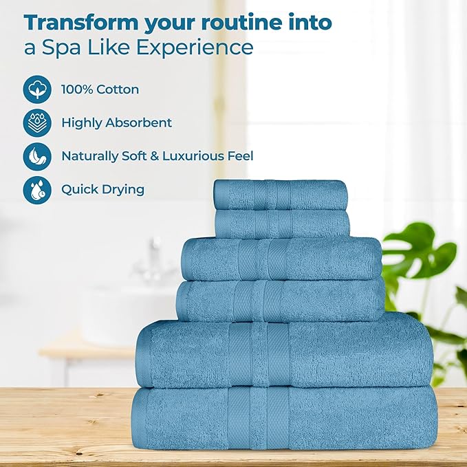 Superior Ultra-Soft Cotton Bath Towel Set, Quick-Dry, Absorbent, Shower, Spa Basics, Large Towels, Bathroom Sets, Bath Essentials, Solid, Double Line Dobby Border, 2 Pack, Set of 2, Denim Blue