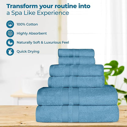 Superior Ultra-Soft Cotton Bath Towel Set, Quick-Dry, Absorbent, Shower, Spa Basics, Large Towels, Bathroom Sets, Bath Essentials, Solid, Double Line Dobby Border, 2 Pack, Set of 2, Denim Blue