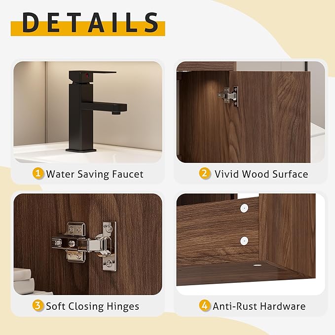 eclife 20" Floating Bathroom Vanity Sink Combo for Small Space, Wall-Mounted Guest Toilet Wash Basin Cabinet with Opening Shelf, Soft Closing Door, Walnut Veneered