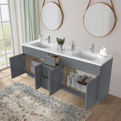 HomeBeyond 90 Inches Bathroom Vanity Base Cabinet Without Sink, Double Sink Top Sturdy Floor Mounted Cabinet with Door & Soft Closing Drawers, Sliver, VA4139-2+VA4112-3