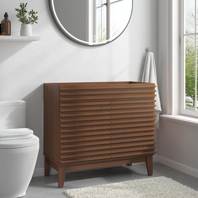 36 Inch Bathroom Vanity Base Cabinet, Walnut Freestanding Bathroom Storage Cabinet Base Only, Modern Wood Grain Vanity Cabinet with Solid Wood Legs and Soft Close Doors, Sink Not Included