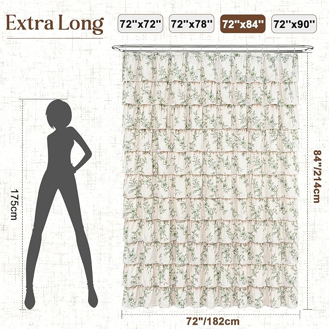 Extra Long Farmhouse Ruffle Shower Curtains with Green Floral, 72"Wx84"L | French Country Vintage Rustic Washable Waterproof Shower Curtain for Bathroom Bathtub, 12 Metal Hooks