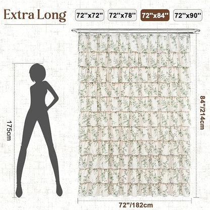 Extra Long Farmhouse Ruffle Shower Curtains with Green Floral, 72"Wx84"L | French Country Vintage Rustic Washable Waterproof Shower Curtain for Bathroom Bathtub, 12 Metal Hooks