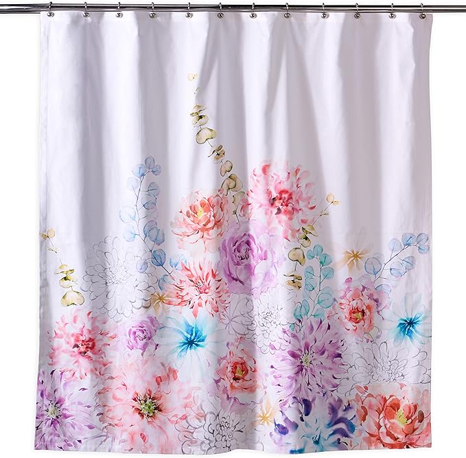 Maison d' Hermine Shower Curtain 100% Cotton One Panel 70"x72" Washable Fabric Shower Curtains for Bathroom, Easy Hanging with 12 Button Holes - Home Hotel Spa Easter Gifts (Floral - White)