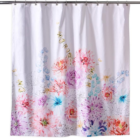 Maison d' Hermine Shower Curtain 100% Cotton One Panel 70"x72" Washable Fabric Shower Curtains for Bathroom, Easy Hanging with 12 Button Holes - Home Hotel Spa Easter Gifts (Floral - White)