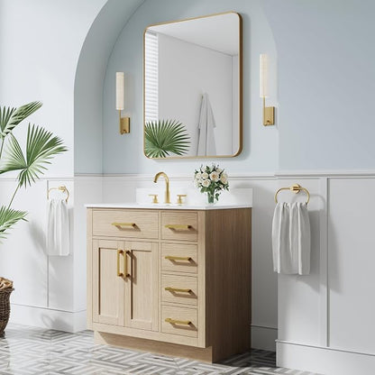 36-Inch Bathroom Vanity with Sink W/ 2 Doors & 4 Drawers & 1 Flip Drawer, Oak Vanity W/Brushed Gold Handles