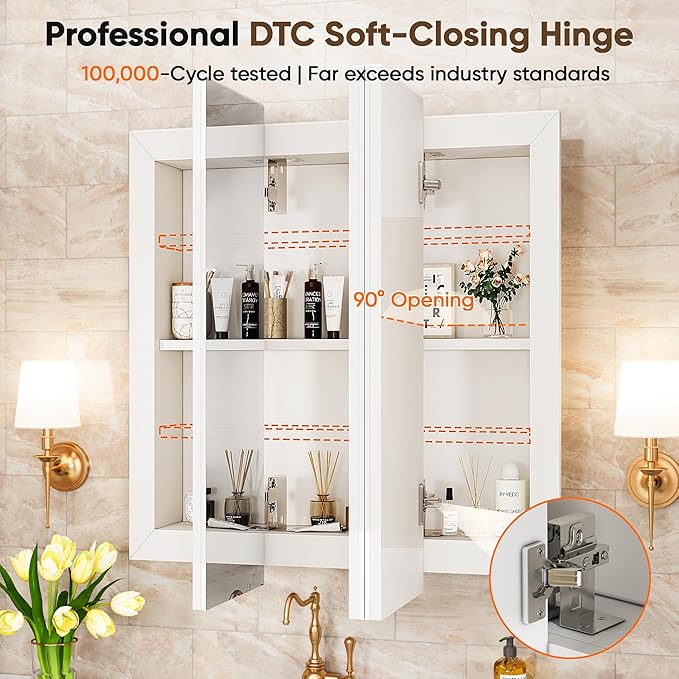 Antok 24x24 Inch Medicine Cabinet with Mirror, Wall Mounted Bathroom Mirror Cabinet, Wooden Medicine Cabinet Mirror, Recessed or Surface, White