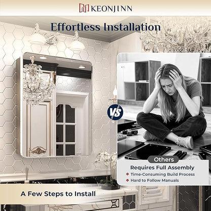 Keonjinn 48 x 32 Inch Large Chrome Medicine Cabinets, Recessed Bathroom Medicine Cabinet, Elegant Stainless Steel Framed, Sturdy & Heavy, Stepless Adjustable Shelves, DTC Hinges, Soft Closing