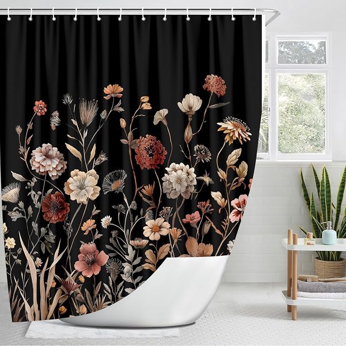 Vintage Boho Black Floral Shower Curtain, Beige Brown Cream Tan Rustic Farmhouse Flower Shower Curtain Set, Cute Botanical Wlidflowers Fabric Shower Curtains Decoration, 72X78 Bathroom Accessories