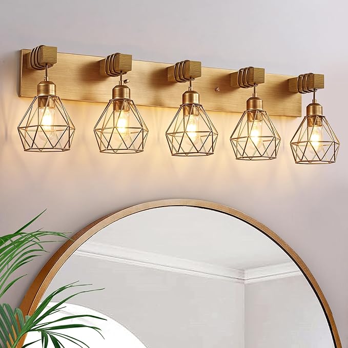 VbiTmn Bathroom Light Fixtures, 5 Light Brushed Gold Wood Vanity Lights | Farmhouse Design, Diamond Metal Shades, Easy to Install, Wall Sconces for Bathroom, Bedroom, Makeup Area, Over Vanity Mirror