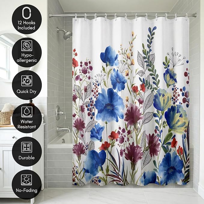 Americanflat 71x74 Floral Shower Curtain - Water-Resistant Long Shower Curtain with Metal Grommets and 12 Hooks - 100% Polyester - Botanical Bathroom Curtains - Blue, Purple, Crimson, Green and White
