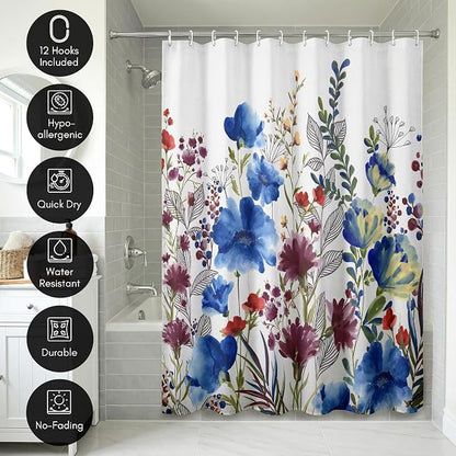 Americanflat 71x74 Floral Shower Curtain - Water-Resistant Long Shower Curtain with Metal Grommets and 12 Hooks - 100% Polyester - Botanical Bathroom Curtains - Blue, Purple, Crimson, Green and White