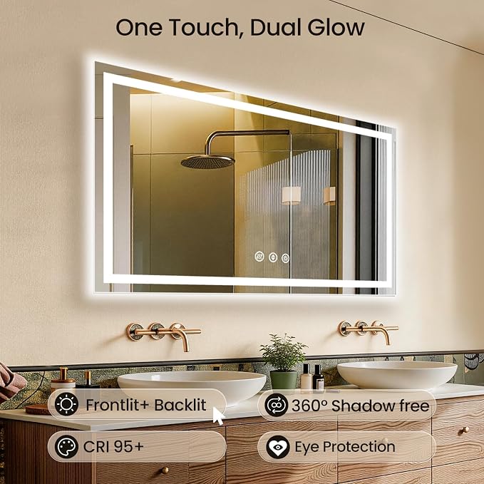 55x36 LED Bathroom Mirror with Anti-Fog, Backlit & Front Lit, Memory | Stepless Dimmable 3 Color CRI 95+ Shatterproof Tempered Glass ETL Listed for Safety Lighted Bathroom Vanity Mirror for Wall