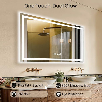 55x36 LED Bathroom Mirror with Anti-Fog, Backlit & Front Lit, Memory | Stepless Dimmable 3 Color CRI 95+ Shatterproof Tempered Glass ETL Listed for Safety Lighted Bathroom Vanity Mirror for Wall