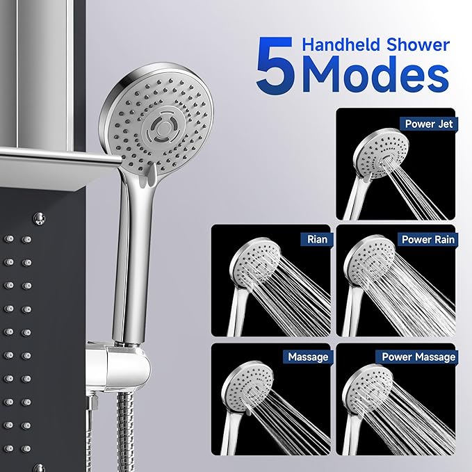 Shower Panel System, Multi-Function Shower Tower With 4 Body Spray, 5 Handheld Settings, Shelf & Adjustable Height, Rainfall + Waterfall Shower Head, Rain Massage Spa System