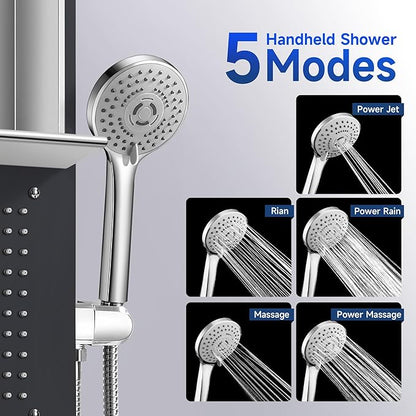 Shower Panel System, Multi-Function Shower Tower With 4 Body Spray, 5 Handheld Settings, Shelf & Adjustable Height, Rainfall + Waterfall Shower Head, Rain Massage Spa System