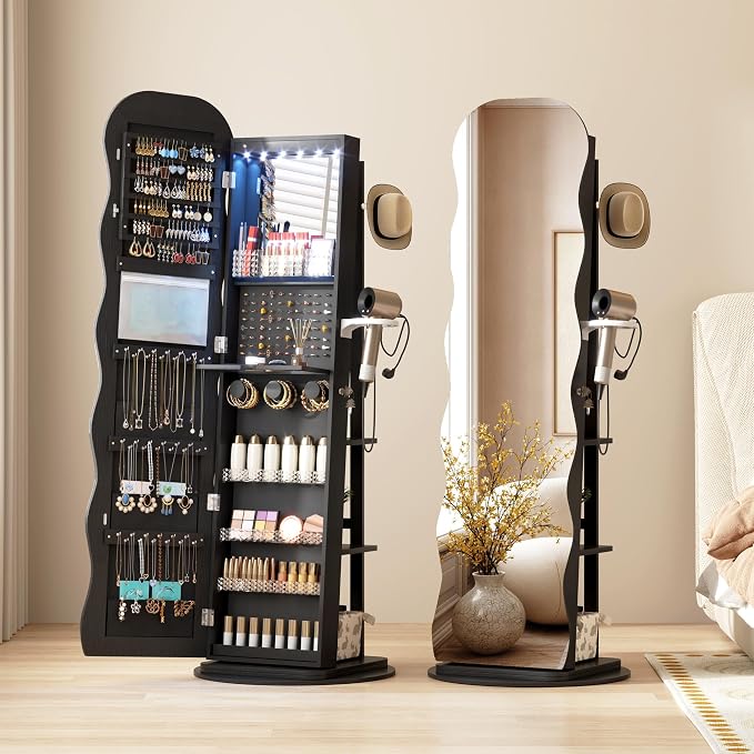 Vlsrka 360° Swivel Jewelry Armoire with Full Length Wave Mirror, Black | Lockable Mirror Jewelry Cabinet Standing, Interior LED Makeup Mirror, Foldable Shelf, Large Capacity, Gift for Women, Girls