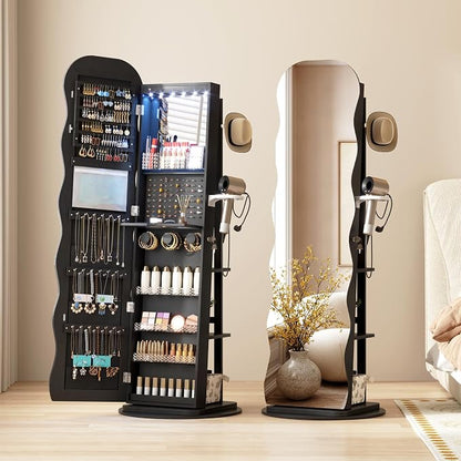 Vlsrka 360° Swivel Jewelry Armoire with Full Length Wave Mirror, Black | Lockable Mirror Jewelry Cabinet Standing, Interior LED Makeup Mirror, Foldable Shelf, Large Capacity, Gift for Women, Girls