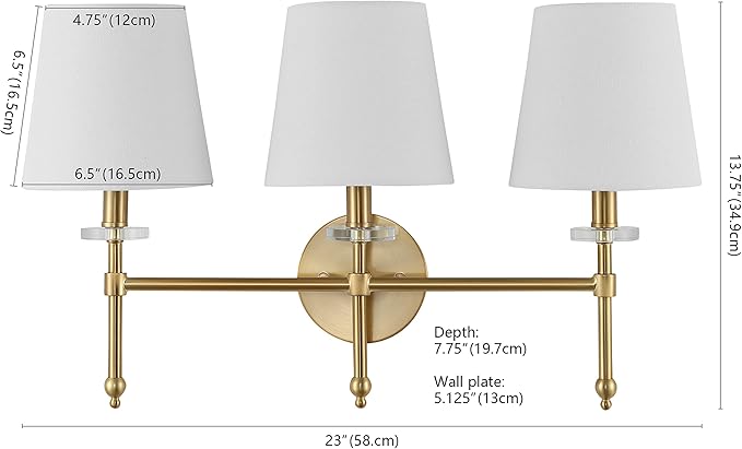 JONATHAN Y 23" Brass Gold Modern LED Wall Sconce, Midcentury Vanity Light for Bathroom Bedroom Hallway Decor, Iron Fixture with White Linen Empire Shade (JYL9921A)