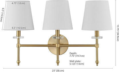 JONATHAN Y 23" Brass Gold Modern LED Wall Sconce, Midcentury Vanity Light for Bathroom Bedroom Hallway Decor, Iron Fixture with White Linen Empire Shade (JYL9921A)