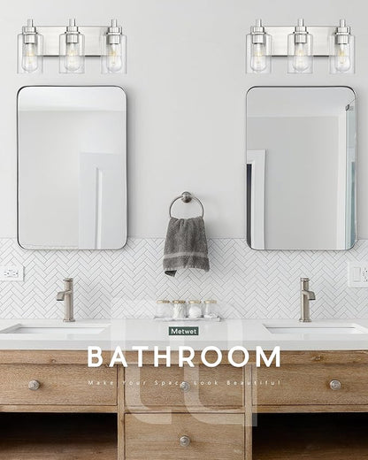 3-Light Bathroom Light Fixtures, Brushed Nickel Vanity Light with Cylinder Clear Glass Shade, Modern Vanity Lighting Fixtures Over Mirror, VL143-BN-3