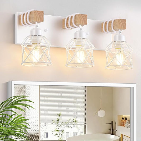 FadimiKoo 3-Light Farmhouse White Bathroom Vanity Light Fixtures, Rustic Wood Vanity Lights for Bathroom, Modern Bath Sconces Wall Lighting with Elegant Metal Shade for Mirror, Living Room, Bedroom