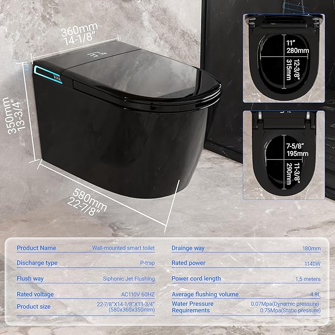 Black Smart Wall Hung Toilet Combo,Auto Flush, Auto Open/Close LId,Heated Seat,Warm Water/Dryer, Modern Elongated Bidet Toilet with In wall Carrier (No need to buy an additional Water Tank)