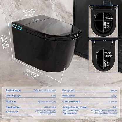 Black Smart Wall Hung Toilet Combo,Auto Flush, Auto Open/Close LId,Heated Seat,Warm Water/Dryer, Modern Elongated Bidet Toilet with In wall Carrier (No need to buy an additional Water Tank)