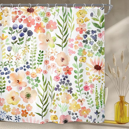Green Yellow Floral Cute Colorful Kids Girly Bathroom Shower Curtain Set | 72"W x 72"H Botanical Plants; waterproof HD print, quick-dry fabric with 12 hooks for easy hanging.
