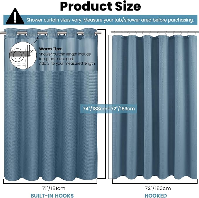 SORTTO No Hook Shower Curtain with Snap in Liner Set Waffle Shower Curtain for Bathroom Hotel Style Fabric Waterproof Inner Liner，71" W x 74" H, Moonlight Blue