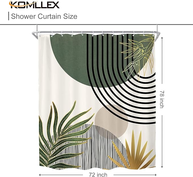KOMLLEX Mid Century Green Boho Abstract Modern Bathroom Shower Curtain Set | 72Wx78L Gold Plant design, waterproof HD print with fast-drying fabric and 12 hooks.