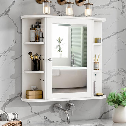 Bathroom Medicine Cabinet, Bathroom Mirror Cabinet Wall Mounted with 6 Side Open Shelves, White Wall Cabinet with Mirror, White