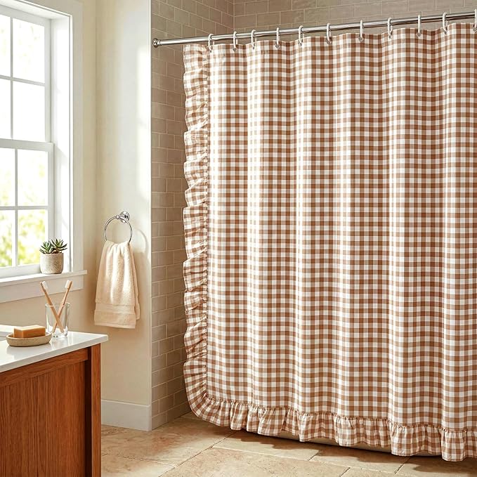 HunnmingRe Ruffled Gingham Shower Curtain Taupe | 72'' x 72'' Vintage Farmhouse Curtain, Cotton Cottage Core Rural Checkered Plaid Decor, Fall Shower Curtain for Bathroom