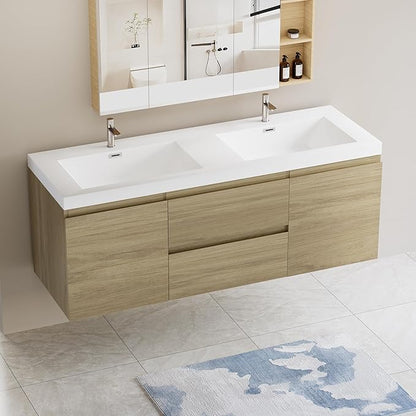 60 Inch Floating Bathroom Vanity with Double Sink, Modern Wall-Mounted Bathroom Storage Vanity Cabinet with Double Resin Top Basins and Soft Close Drawers, Natural Oak
