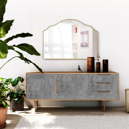 Besdomus Gold Scalloped Dresser Mirror: 35"x26" Wooden Bathroom Mirror | Modern Minimalist Decorative Arched Wall Mirror for Vanity/Mantel/Bedroom/Entryway/Fireplace/Nightstand/Dining Room/Over Sink