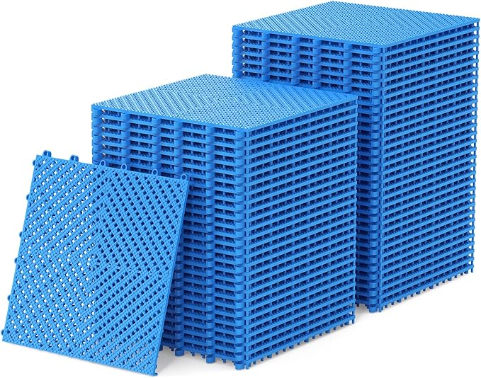60-Pcs Interlocking Tile, Indoor/Outdoor Drainage Interlocking Floor Tiles 11.8" x 11.8", Anti-Slip Waterproof Soft PVC Splicing Flooring Tile for Garage Patio Pool Bathroom, Blue