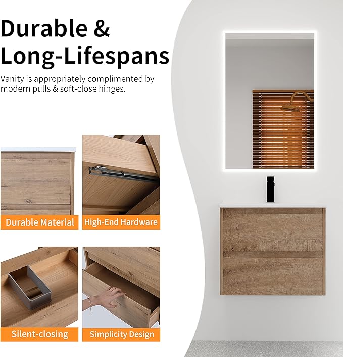 24 inch Floating Bathroom Vanity with Ceramic Sink, 24'' Wall Mounted Cabinet with 2 Soft-Closing Drawers, Space Saving for Small Bathroom, Modern Storage Cabinet, Brown Finish