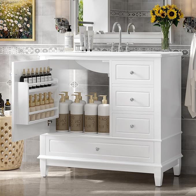 36" Vanity with Sink, Bathroom Vanities 36 Inch with Sink, Single Sink Bathroom Vanity with Door Shelf and Three Drawers, Restroom Vanity with Sink Top (White)